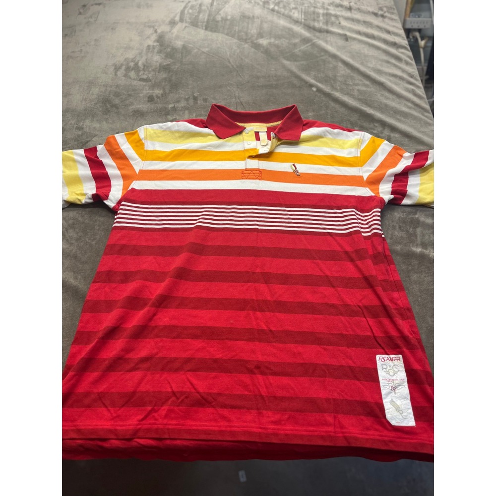 Rocawear Mens 2XL Red Orange Yellow Striped Short Sleeve Pique‎ Polo Shirt 5124